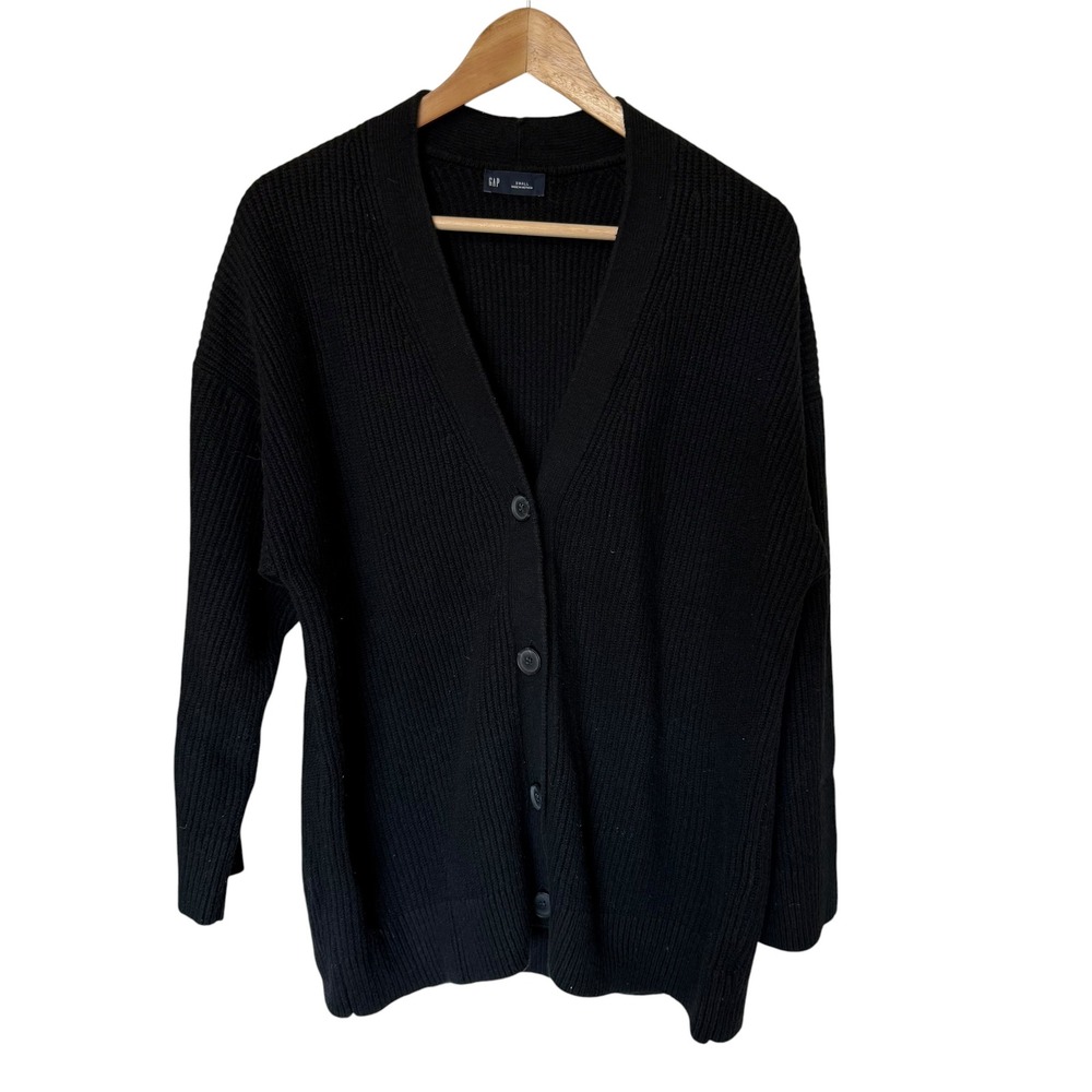 Gap Cardigan Sweater Womens Small Black Excellent Shaker Stitch V-Neck Oversized